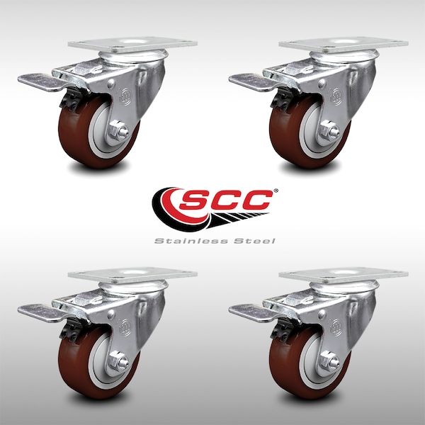 Service Caster 3 Inch SS Maroon Polyurethane Top Plate Caster Set Total Lock Brake SCC SCC-SSTTL20S314-PPUB-MRN-4 - main